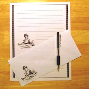 Gifts Girl Sitting At Desk - Lined Stationery Set With 12 Sheets 12 Envelopes - Snail Mail - Pen Pal Letters - Stationary Writing Paper
