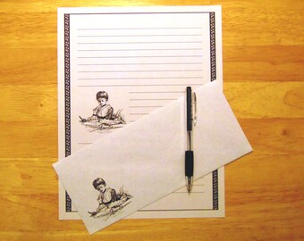 Gifts Girl Sitting At Desk - Lined Stationery Set With 12 Sheets 12 Envelopes - Snail Mail - Pen Pal Letters - Stationary Writing Paper