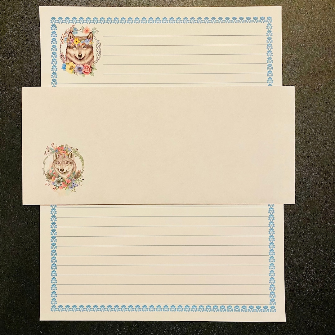 Wolf Stationery Blue Trim Set Lined Stationary Writing Paper 12 Sheets