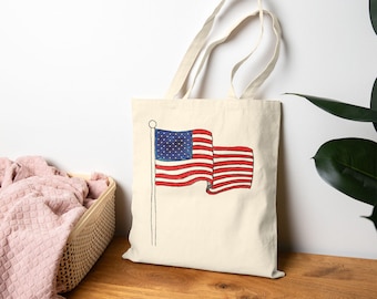 Patriotic Cotton Canvas Tote Bag: Americana Reusable Grocery Market Tote