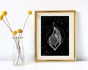High quality limited vulva print black and white with stars - on handmade cotton paper.