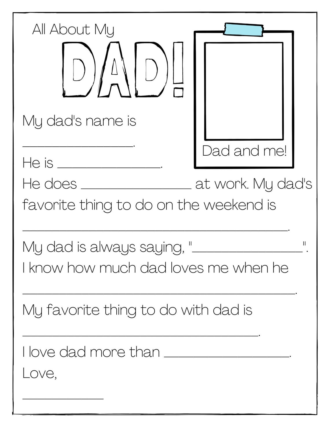 Fathers Day All About Dad Fill in the Blank Coloring Page - Etsy