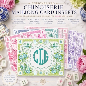 Personalized Chinoiserie Mahjong Card Insert | Grandmillennial Monogram Accessory (Large NMJL)