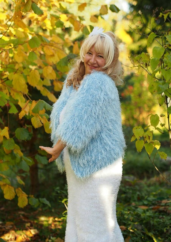blue fluffy cardigan