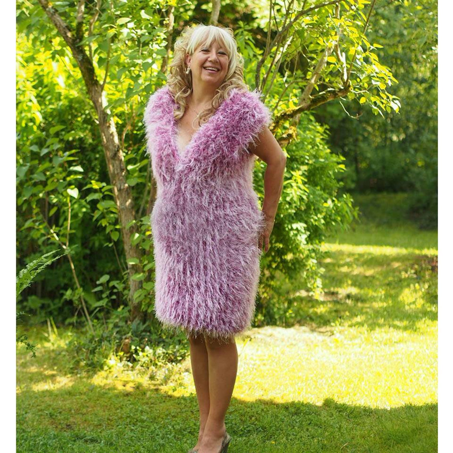 Pink/lilac knitted shaggy fluffy dress crocheted decofur | Etsy