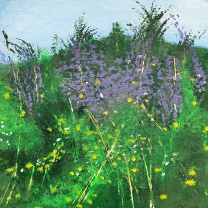 Peinture originale à l'acrylique sur carton toilé Abstrait 'Prairies florales' 20 x 20 x 0,5 cm