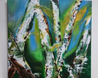 Birch trees in spring original painting in mixed media on canvas 60 x 60 cm