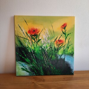 キャンバスにアクリルで描いた原画「草原のポピー」40 x 40 x 2 cm