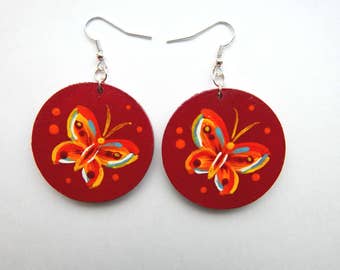 round earrings Casual jewelry  butterfly multicolore wooden  art painting earrings  picture  gift for her