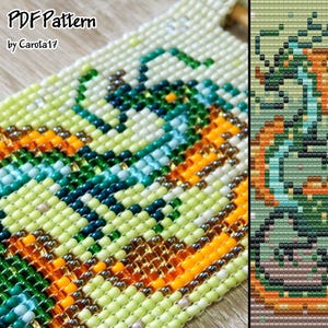 May include: A colorful beaded bracelet pattern with a close-up of the beads. The pattern is made with green, blue, orange, and white beads. The pattern is called "PDF Pattern by Carota17".