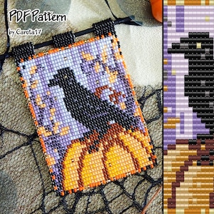 May include: A beaded wall hanging with a black raven perched on top of three orange pumpkins. The background is purple and the text "Happy Halloween" is beaded in white.