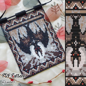 May include: A beaded wall hanging featuring a black and white design of two birds in a snowy forest. The design is surrounded by a brown and red border. The hanging is made with small beads and has a black cord for hanging.