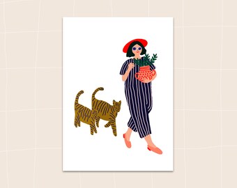 Girl walking with cats postcard