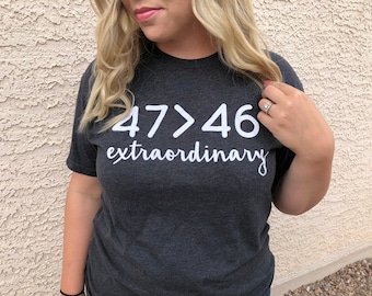 Può includere: Una t-shirt a maniche corte grigio antracite scuro con testo stampato in bianco sul petto. Il design mostra i numeri 47 > 46 in un carattere sans-serif in grassetto, con la parola extraordinary scritta in corsivo bianco subito sotto.