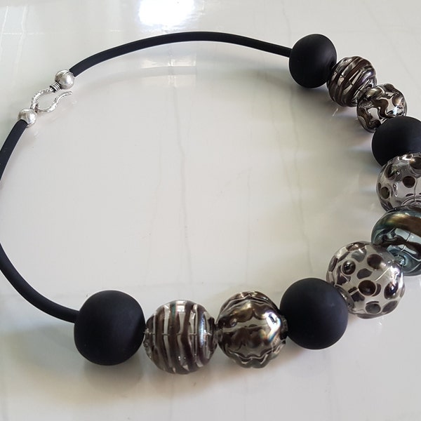 Black hollow glass necklace, Minimal, Bubble, murano glass necklace, lampwork necklace