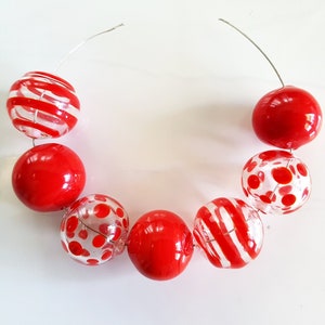 7pc red  hollow glass beads, lampwork, blown glass, transparent