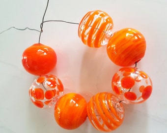 7pc perles de verre creuses orange, lampwork, verre soufflé, transparent