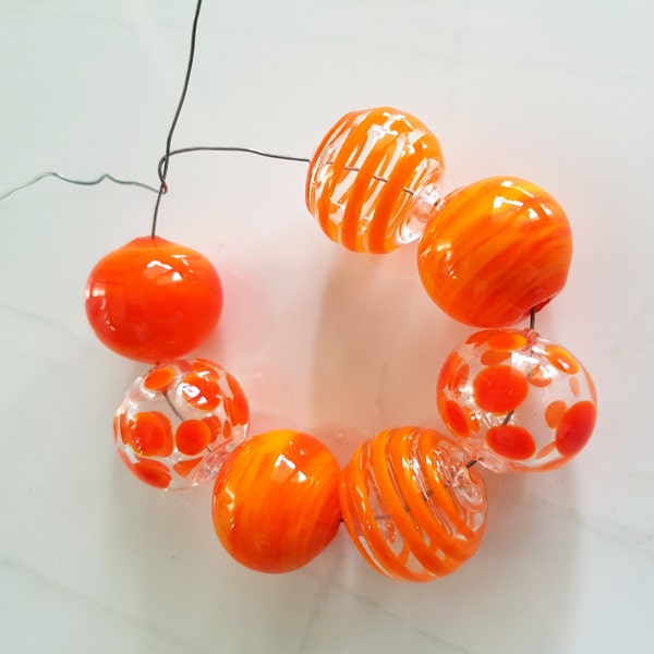 7pc perles de verre creuses orange, lampwork, verre soufflé, transparent