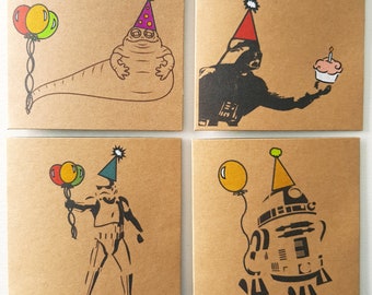 Set of 4 Unique Birthday Cards - Funny Star Wars Cards - Handmade - Silly Star Wars - Birthday Card Pack - Party Invite Set