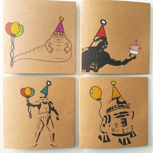Set von 4 einzigartige Geburtstagskarten - lustige Star Wars Karten - handgefertigt - dummE Star Wars - Geburtstag Karte Pack - Party einladen Set