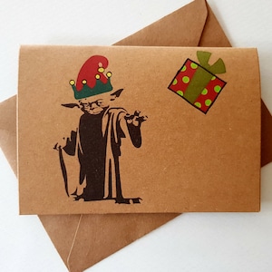 Cartão de Natal Yoda feito à mão - Cartão exclusivo de Star Wars - Xmas Yoda - Chapéu de Elfo - Presente de Natal - Engraçado