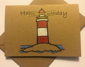 Handmade Lighthouse Birthday Card - Kraft Paper Seaside Design