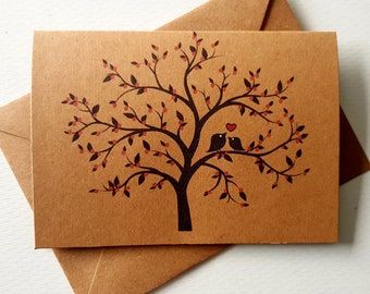 Biglietto di uccelli d'amore fatto a mano - Design unico e delicato - Bellissimo albero in fiore - Cuore rosso - Biglietto di anniversario di San Valentino
