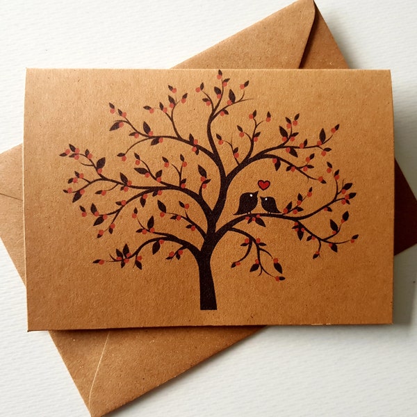 Carte d'amoureux faite main - Design unique et délicat - bel arbre en fleurs - coeur rouge - carte d'anniversaire de la Saint-Valentin