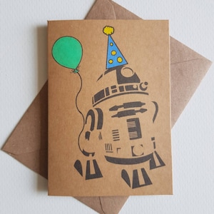 Biglietto d'auguri R2D2 fatto a mano - Carta unica di Star Wars - Palloncino di compleanno - Cappello da festa - Divertente