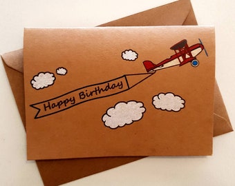 Biglietto di auguri di compleanno con striscione aereo fatto a mano - Carta Kraft