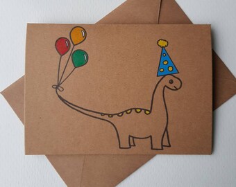 Handmade Dinosaur Birthday Card – Party Dino with Balloons
