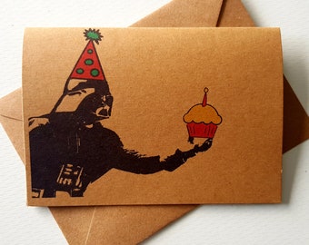 Handmade Darth Vader Birthday Card - Unique Star Wars Card - Birthday Cake - Party Hat - Funny Vader