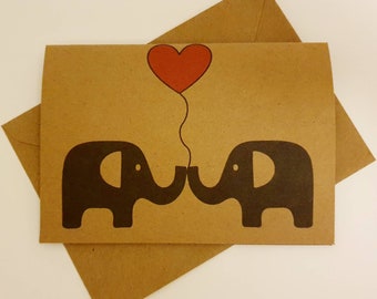 Handmade Elephants Love Card - Cute Elephant Card - Anniversary & Wedding - Balloon Heart