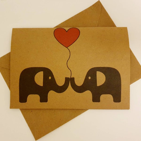 Handmade Elephants Love Card - Cute Elephant Card - Anniversary & Wedding - Balloon Heart