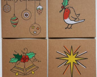 Set of 4 Unique Christmas Cards - Traditional Christmas Cards - Handmade - Colourful Cards - Christmas Card Pack - Set