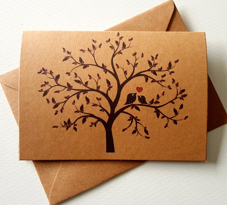 Handmade Love Birds Card Unique & Delicate Design Beautiful Blossom Tree Red Heart Valentines Anniversary card Purple