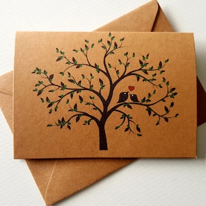 Handmade Love Birds Card Unique & Delicate Design Beautiful Blossom Tree Red Heart Valentines Anniversary card Green