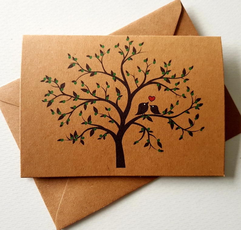 Handmade Love Birds Card Unique & Delicate Design Beautiful Blossom Tree Red Heart Valentines Anniversary card Green