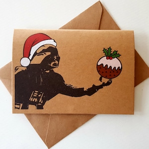 Cartão de Natal Darth Vader feito à mão - Cartão exclusivo de Star Wars - Vader engraçado - Pudim de Natal - Engraçado