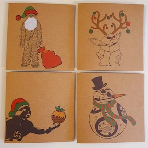 Ensemble de 4 cartes de Noël Star Wars uniques - Cartes de Noël Star Wars drôles - Faites à la main - Silly Star Wars - Ensemble de cartes de Noël drôles