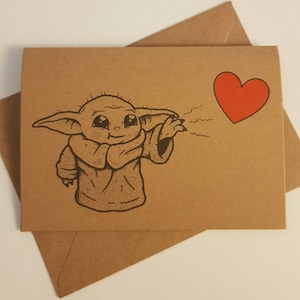 Handgemachte Baby Yoda Liebeskarte - süße Baby Yoda Karte - Jubiläum, Valentinstag & Hochzeit - Valentine Love Heart - Star Wars Liebeskarte