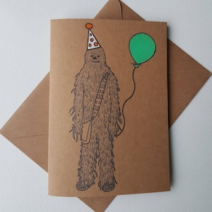 Cartão de aniversário Chewbacca feito à mão - Cartão exclusivo de Star Wars - Balões de aniversário - Chapéu de festa - Engraçado em borracha