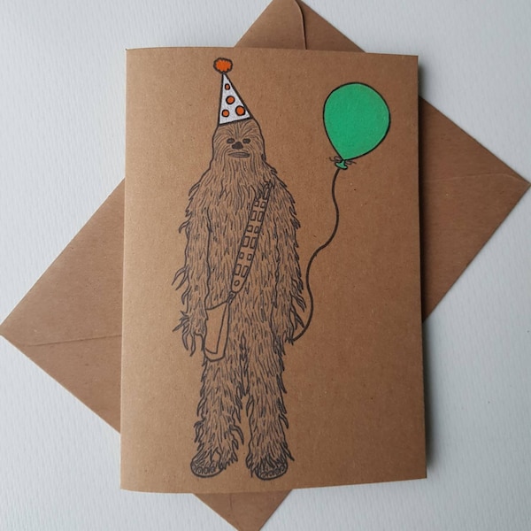 Handmade Chewbacca Birthday Card - Unique Star Wars Card - Birthday Balloons - Party Hat - Funny Chewy