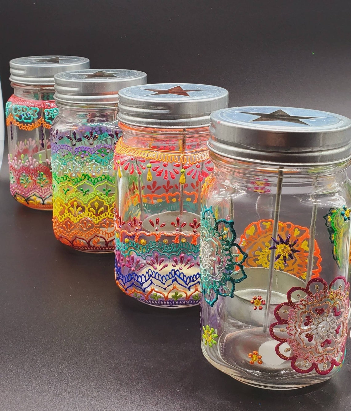 Hand painted mason jars with star lids and safe candle holder Etsy