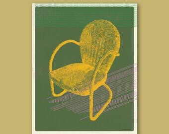 May include: A yellow chair illustration on a green background. The chair has a curved back and armrests, with a seat and frame in a similar yellow hue. The background features a textured green field with horizontal and diagonal lines.