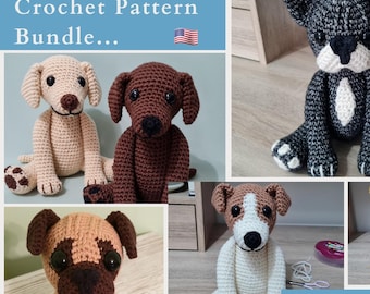 May include: A crochet pattern bundle featuring five different dog breeds. The bundle includes patterns for a brown and white French Bulldog, a brown Labrador Retriever, a black and white Jack Russell Terrier, a tan Chihuahua, and a brown and white Pug. The patterns are available for download and are perfect for crocheting your own adorable dog amigurumi.
