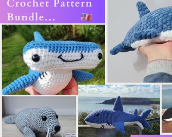 Sea Creatures Crochet Pattern Bundle: 5 Patterns (US TERMINOLOGY) PDF Shark, Dolphin, Orca, Hammerhead, Seal