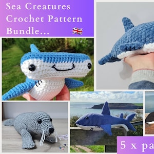Sea Creatures Crochet Pattern Bundle - 5 Patterns - UK TERMINOLOGY - PDF Shark, Dolphin, Orca, Hammerhead, Seal Crochet Toy Patterns