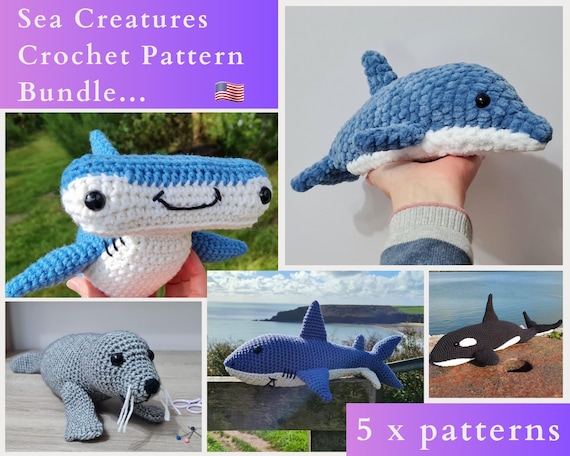 Sea Creatures Crochet Pattern Bundle: 5 Patterns (US TERMINOLOGY) PDF Shark, Dolphin, Orca, Hammerhead, Seal