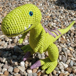 May include: A green crocheted dinosaur toy with purple accents and a blue eye. The dinosaur is sitting on a bed of small rocks.